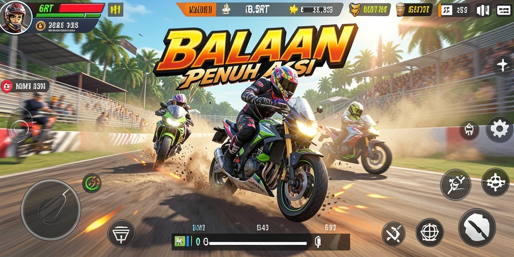 Tangkapan layar utama 6RT menampilkan aksi balapan motor yang mendebarkan.
