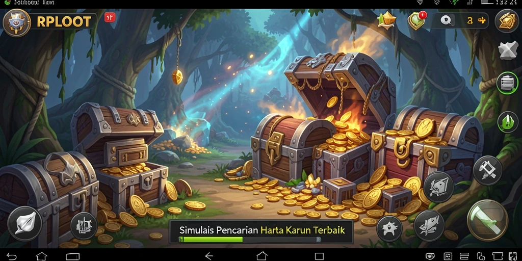 Tangkapan layar utama RPLOOT menampilkan aksi pencarian harta yang seru.