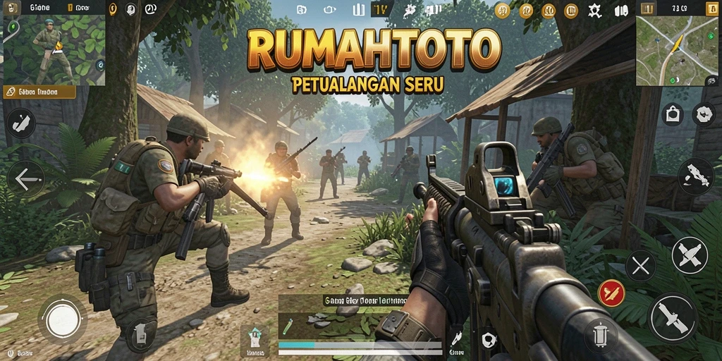 Tampilan utama RUMAHTOTO menunjukkan aksi seru dalam gameplay TPS.