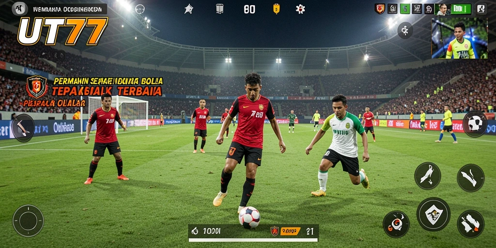 Screenshot UT77 menampilkan pemain sepak bola dalam aksi di lapangan.
